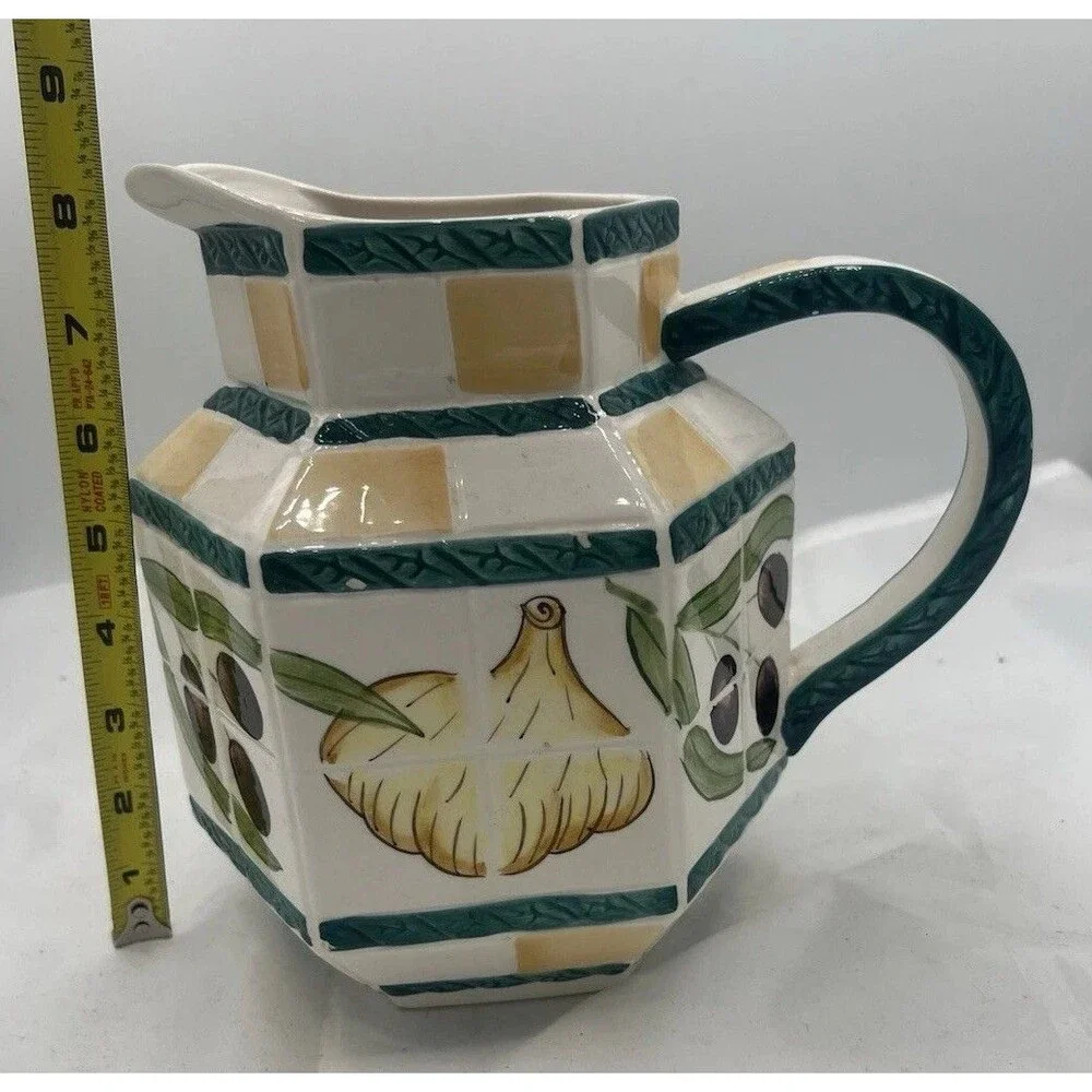 Vintage Clay Art San Francisco Olive Garlic Ceramic Pitcher Hexagon AS IS Rare